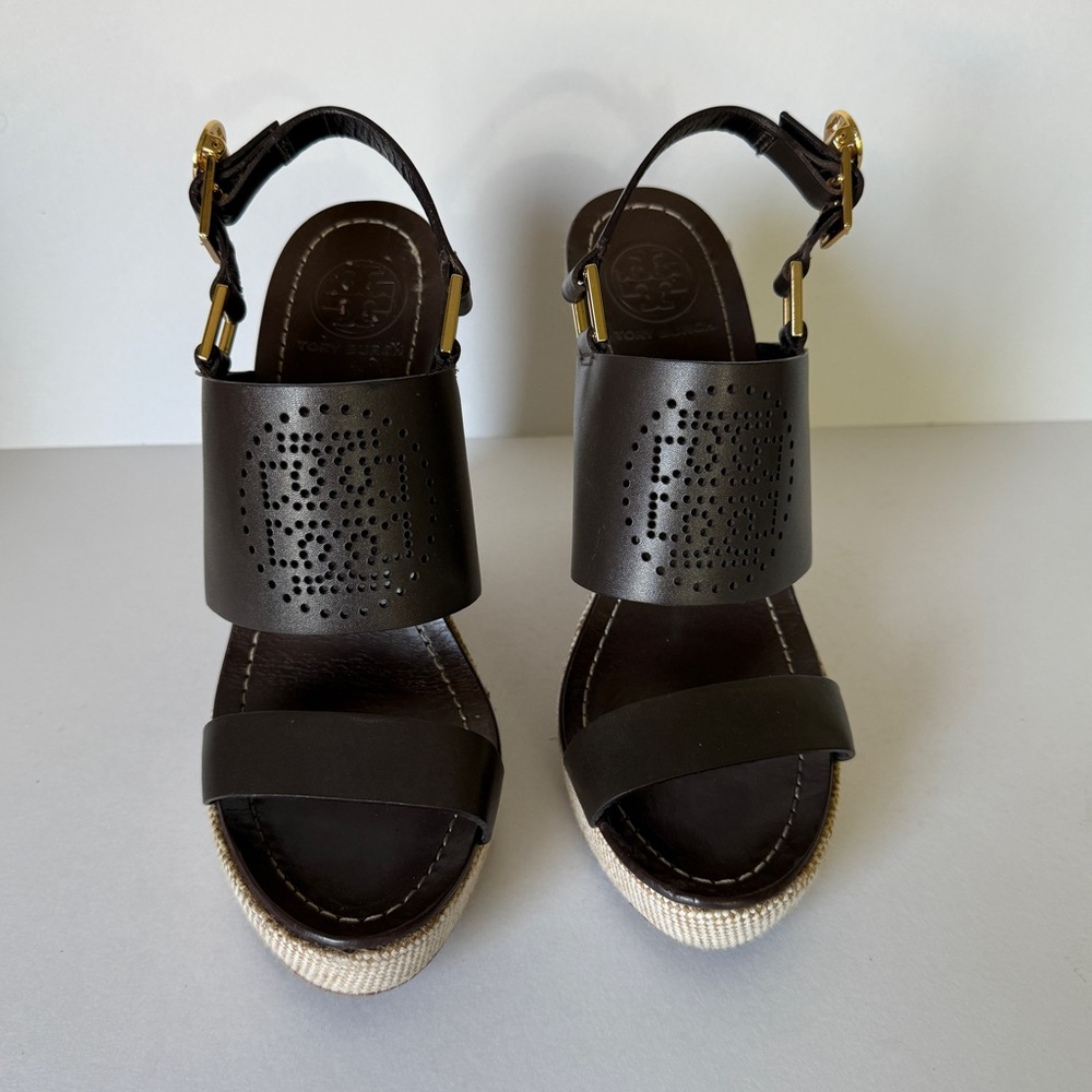 Tory Burch Kimberly Brown Leather Platform Wedge Buckle Strappy Sandals Size 7.5 - Picture 4 of 14